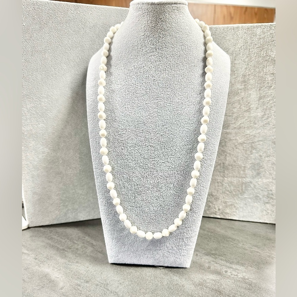 Signed Vintage New Trifari White Acrylic Beaded Long Necklace